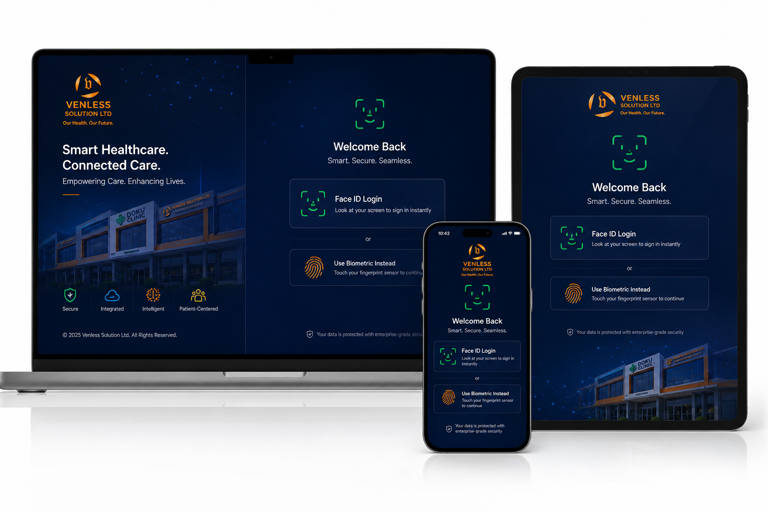 Venless Care app login screen across laptop, tablet, and phone