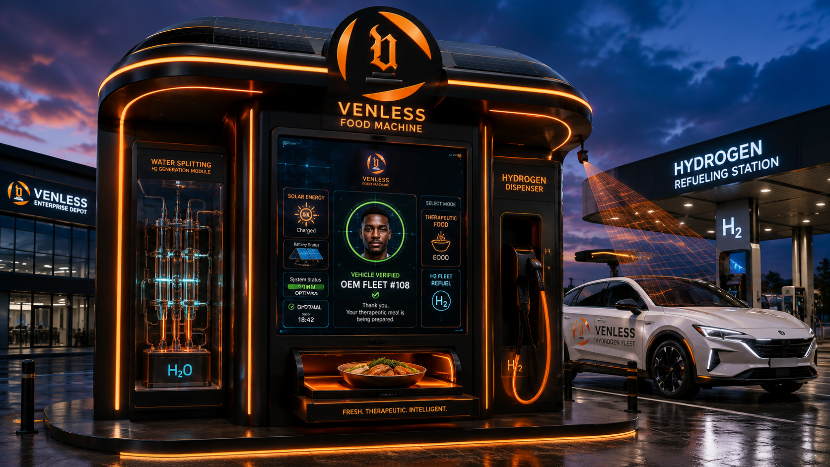 Concept rendering of a future pavilion-scale Venless Food Machine with hydrogen refueling, showing an AI-generated visualization — not a photo of built hardware