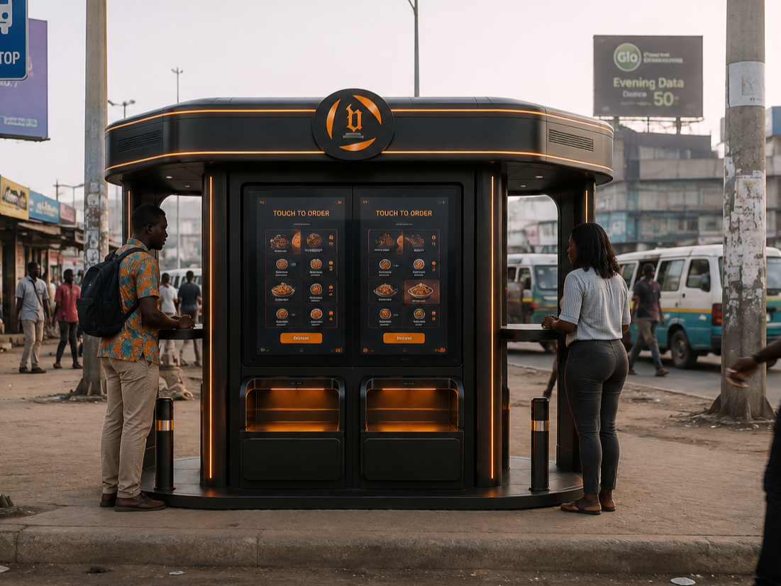 Venless Food Machine two-sided kiosk with dual touchscreens